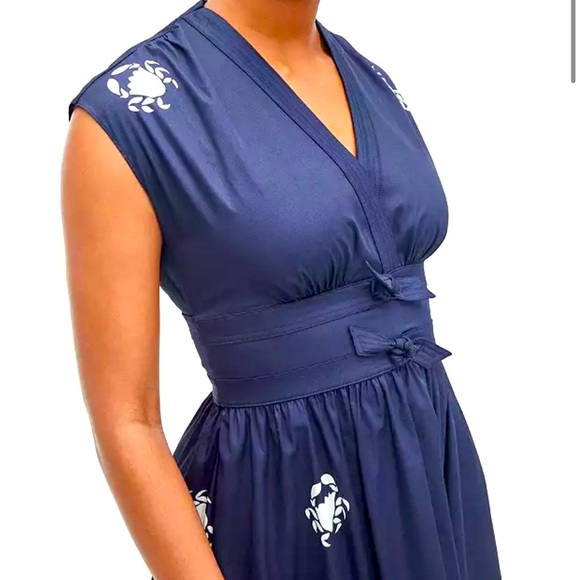 Kate Spade Poplin Bow Navy Crab Print Midi Dress Sz 4 NAVY Blue V-Neck Pockets - Picture 2 of 16